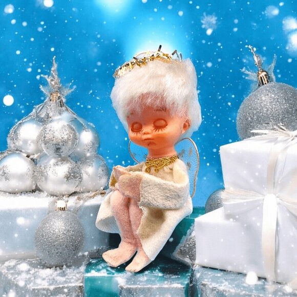 Vintage 1950s Pixie Angel Knee Hugger Ornament Tulle Wings Sleepy Eyes Japan - Picture 1 of 11